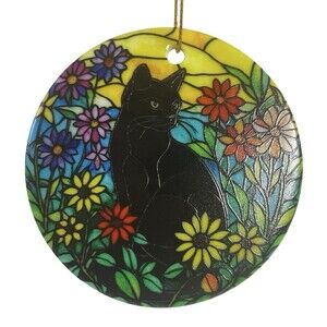 Mosaic Kitten In Flower Garden Christmas Ornament Colorful Black Cat 2.75”